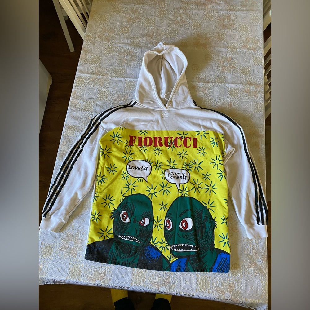Adidas X Fiorucci White and Yellow Hoodie with Graphic Print